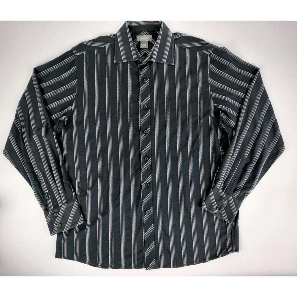 Bruno Men's Long Sleeve Button Front Shirt Black Multi Stripe Size Large Cotton